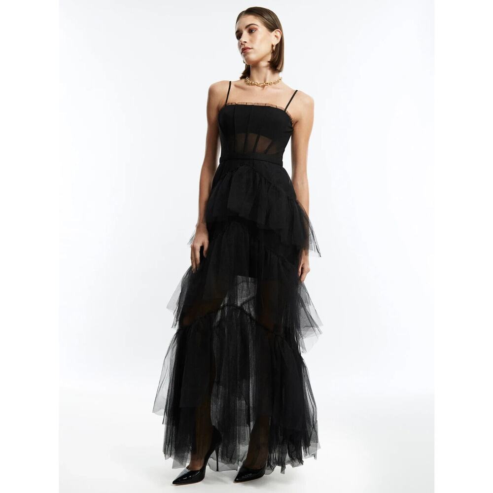 BCBGMAXAZRIA Oly Women's Black Tiered‎ Ruffle Corset Tulle Evening Gown Size 6